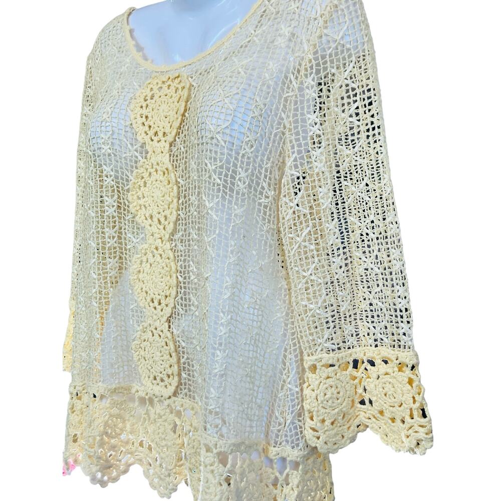 Lisa International Women's Canary Yellow 3/4 Sleeve Crochet Sweater | Size Large - Picture 2 of 9